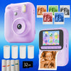 A pink instant print camera is shown with film rolls and a printed photo display.