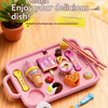 A pink dinner plate design pretend play kitchen set with various food items and utensils for kids