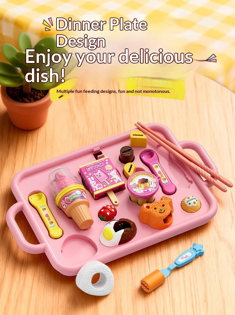 A pink dinner plate design pretend play kitchen set with various food items and utensils for kids