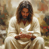 A painting of Jesus with long hair and beard, wearing a light robe, looking down.