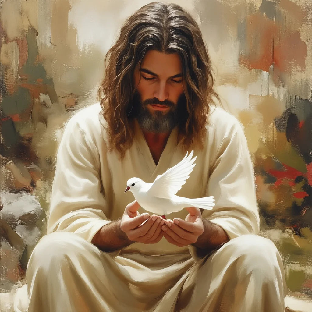 A painting of Jesus with long hair and beard, wearing a light robe, looking down.