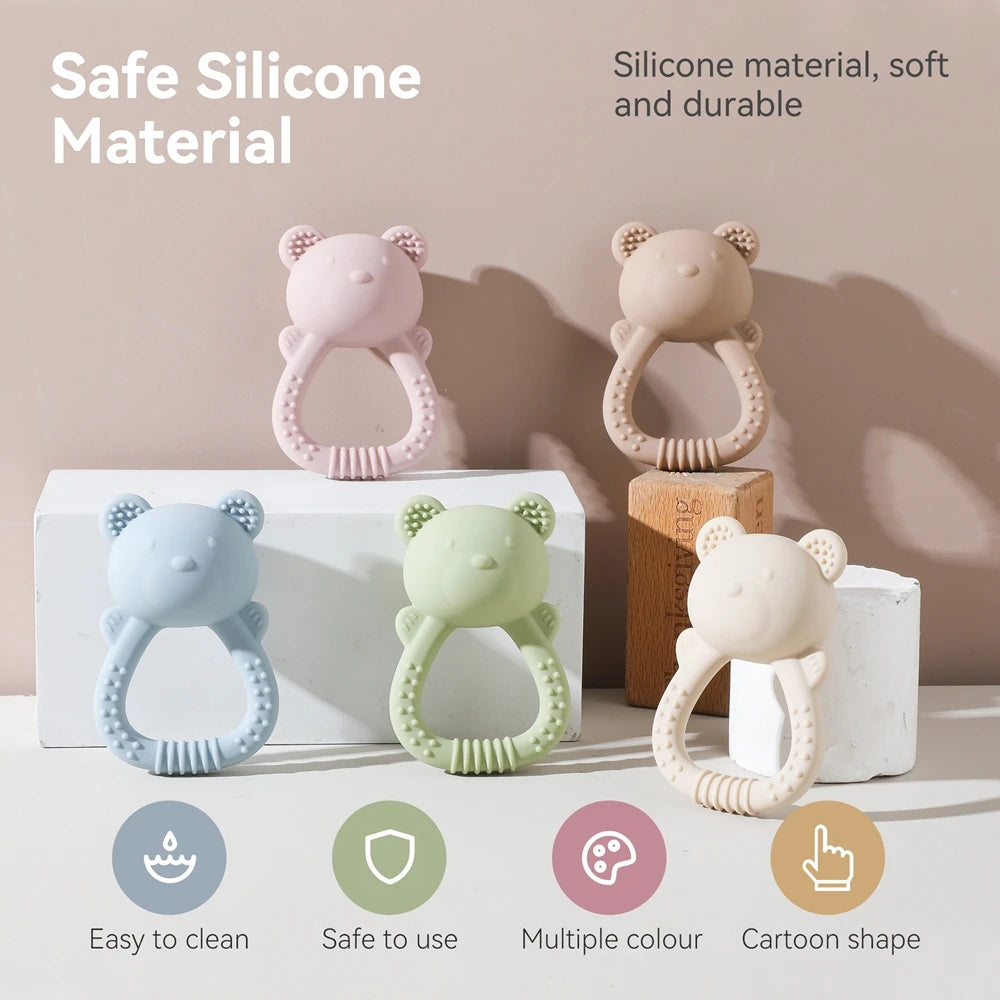 Bear-Shaped Silicone Baby Teether with Rattle Handle