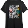 A black t-shirt featuring a colorful collage of various artistic and cultural elements.
