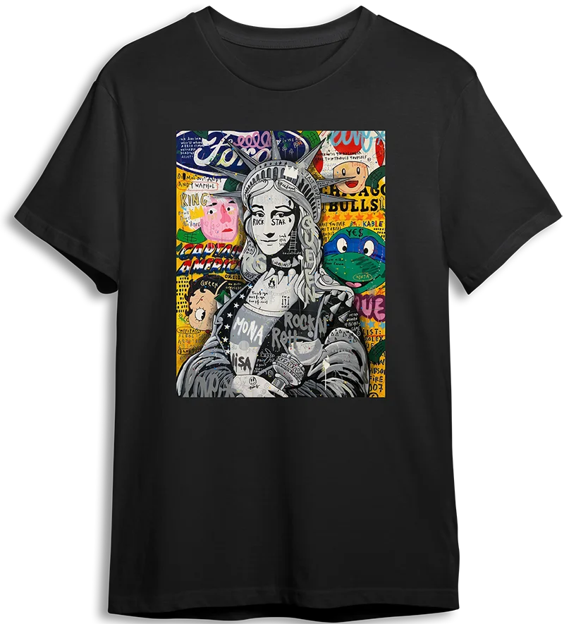 A black t-shirt featuring a colorful collage of various artistic and cultural elements.