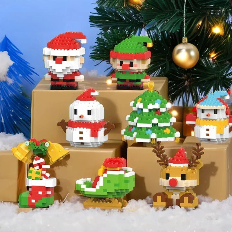 Christmas micro building block set featuring Santa and reindeer figures displayed on a wooden table with a decorated Christma