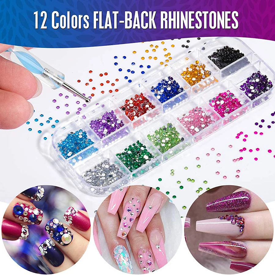 12-Color Glass AB Rhinestone Nail Art Kit