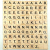 A wooden alphabet letter tile set showing uppercase and lowercase letters arranged in rows.