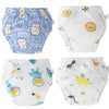 A pack of reusable cotton potty training pants for toddlers in various patterns and colors.