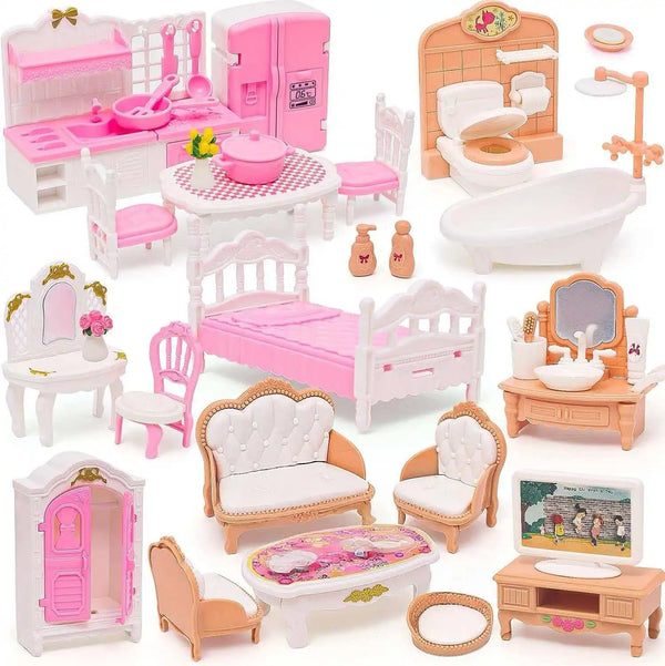 Dollhouse Furniture Set for Pretend Play – 3-Room Miniature Collection