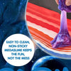 A hand holds a purple, stretchy megaslime ball against a cosmic background.