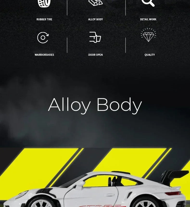 A white Porsche 911 GT3 RS diecast model car is shown in a studio setting.