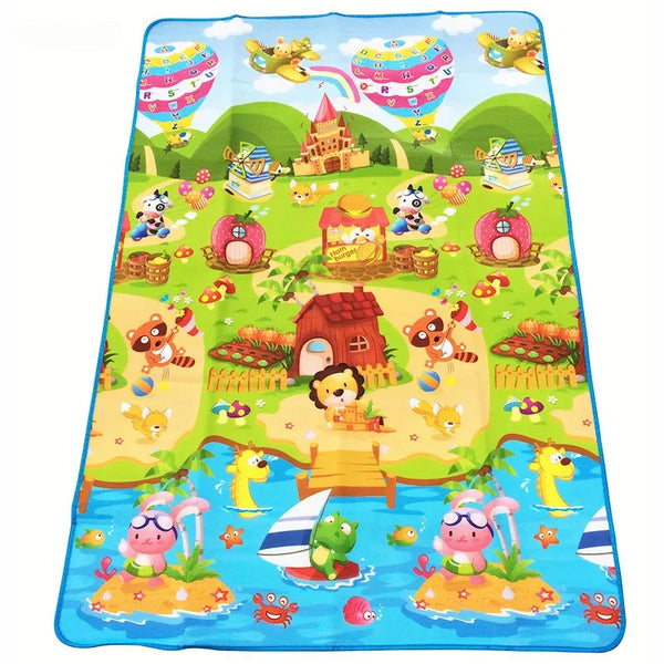 A colorful soft foam play mat featuring various toys and activities for baby crawlers.