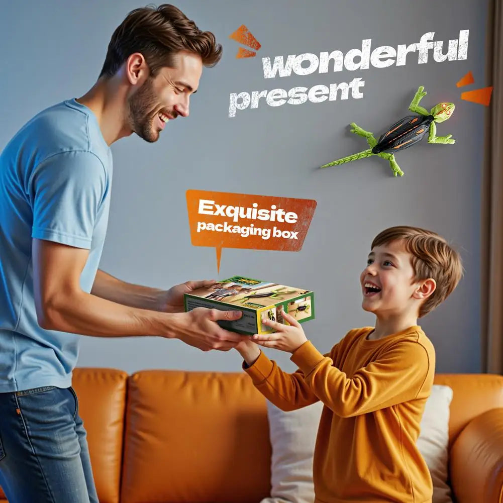 A man gives a child an exciting gift box featuring a wall-climbing RC gecko toy with glowing eyes.