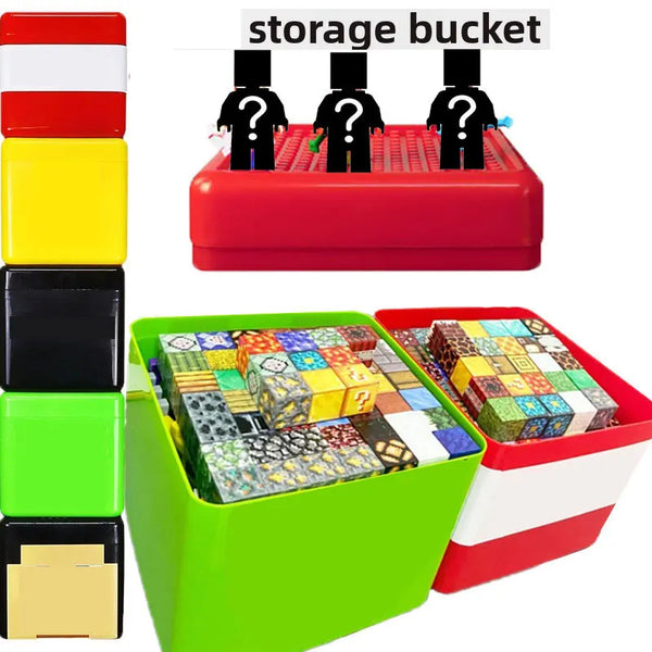 A red storage bucket filled with black magnetic building blocks and a green storage bucket filled with colorful magnetic buil