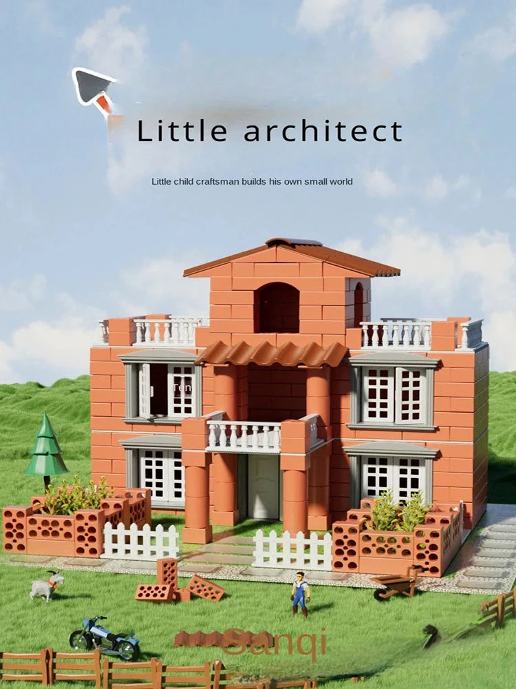 A model brick building set featuring a two-story house in terracotta orange with white trim and landscaping.