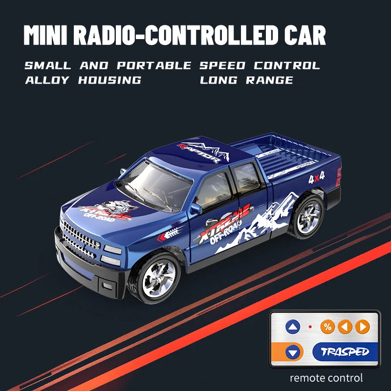 A blue mini radio-controlled car with off-road tires is shown in a side view on a dark background.