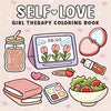 A coloring book featuring self-love themes, including a jar of drink, a pink heart, a strawberry, and various decorative elem