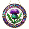 Round acrylic window hanging featuring a purple Scottish thistle design with green leaves and gold accents.