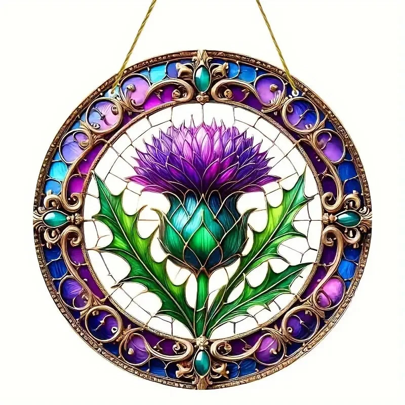 Round acrylic window hanging featuring a purple Scottish thistle design with green leaves and gold accents.