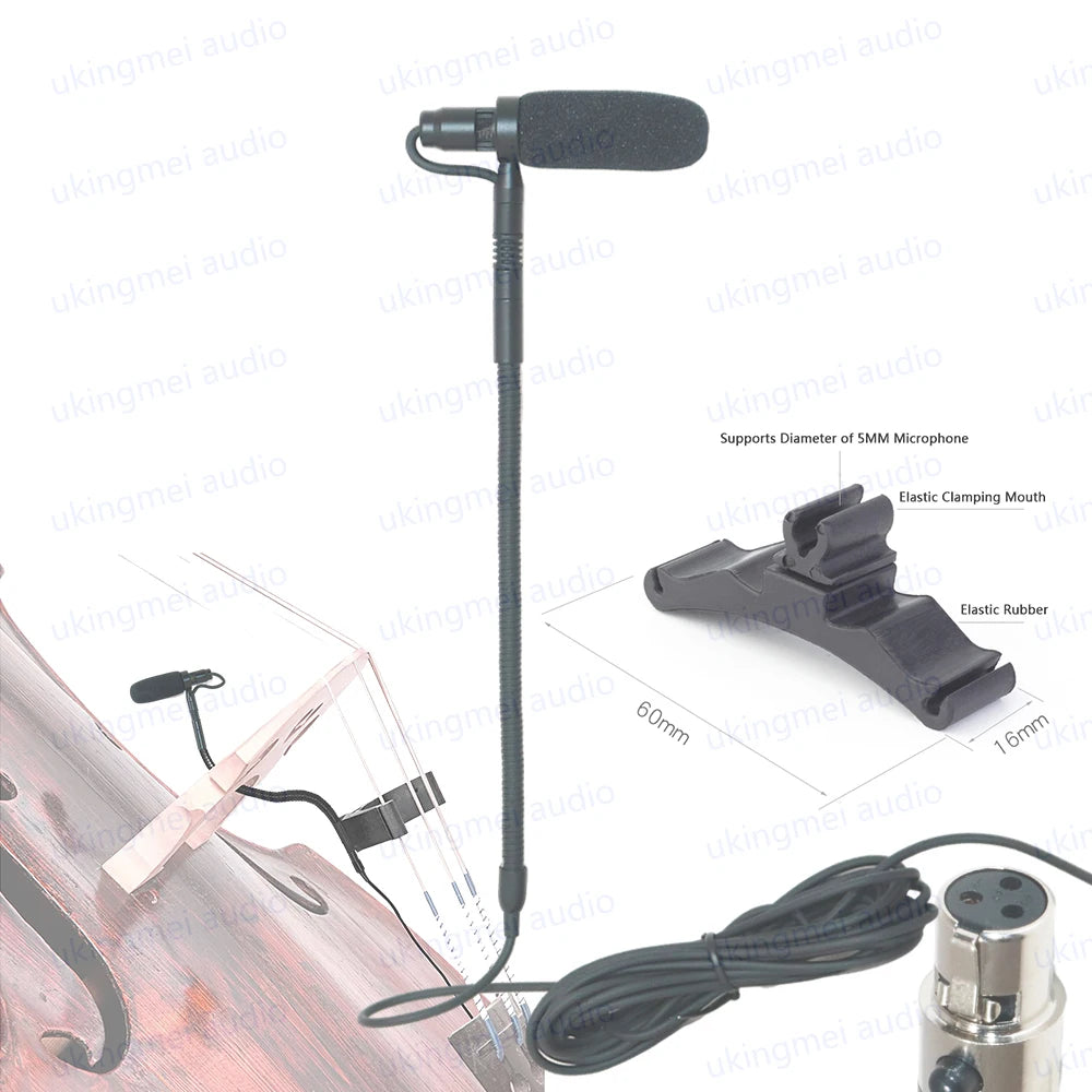 A black clip-on condenser microphone with a gooseneck is shown next to an elastic clamping mouth and a cable.