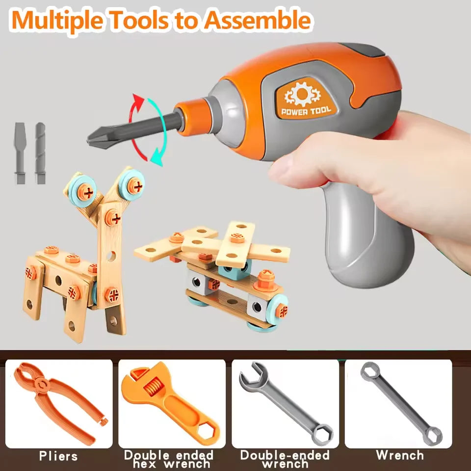 A hand holds an orange power tool assembling small metal parts, alongside various tools like pliers, hex wrenches, and a doub