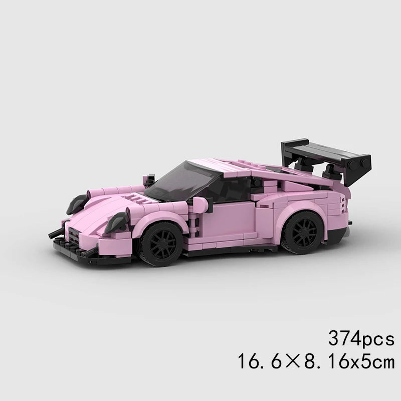 A pink classic rally car building block set with a black roof and racing details.
