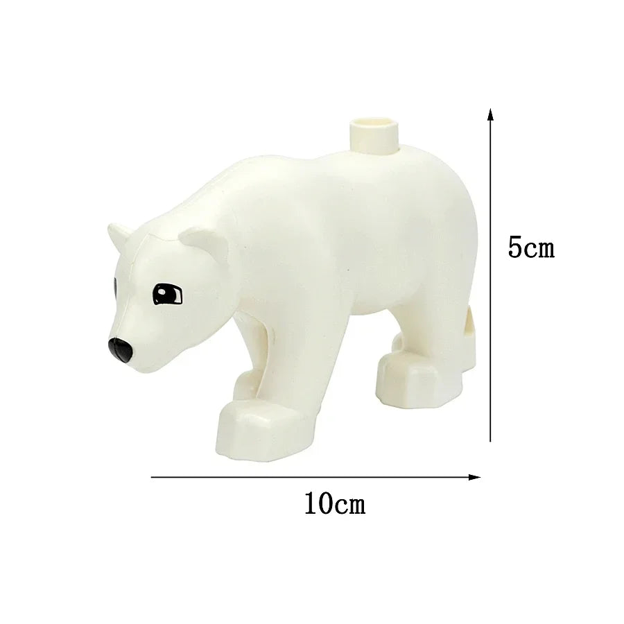 A white plastic zoo animal building block shaped like a bear, with dimensions of 5cm high and 10cm long.