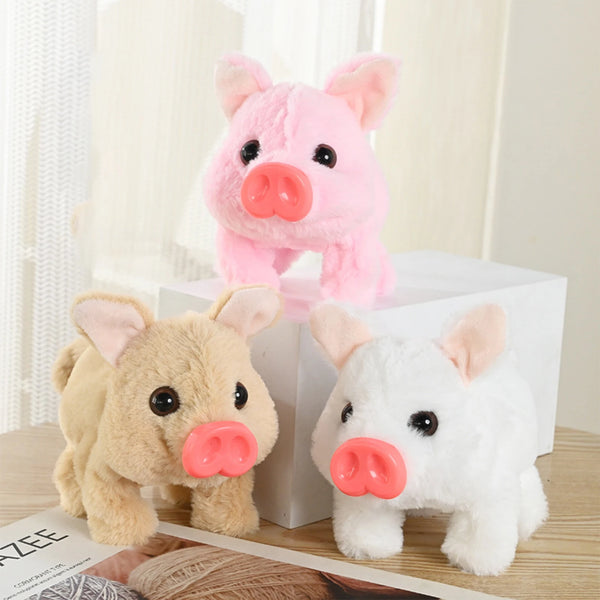 Three pink and white pig plush toys of different sizes displayed on a white box.