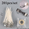 A set of 201 pieces of pre-waxed cotton candle wicks with metal sustainers and a roll of sticker.