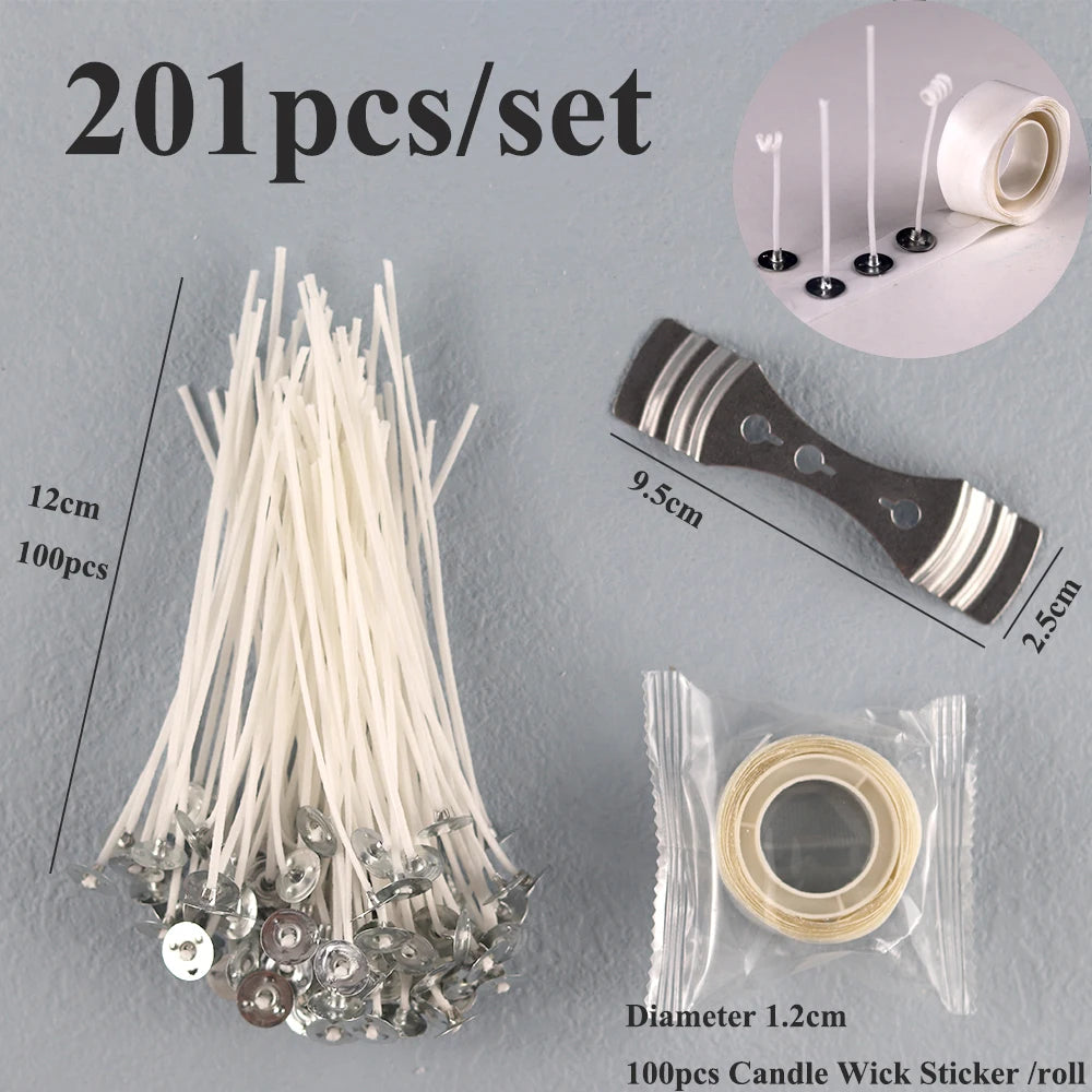 A set of 201 pieces of pre-waxed cotton candle wicks with metal sustainers and a roll of sticker.
