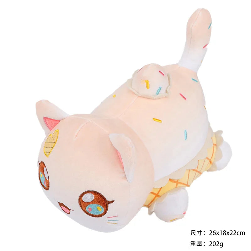 A light pink plush cat doll with embroidered features and colorful food accessories.