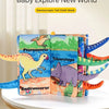 A colorful fabric book featuring dinosaurs like Pterosauria, Triceratops, and Bacrosaurus for baby exploration.