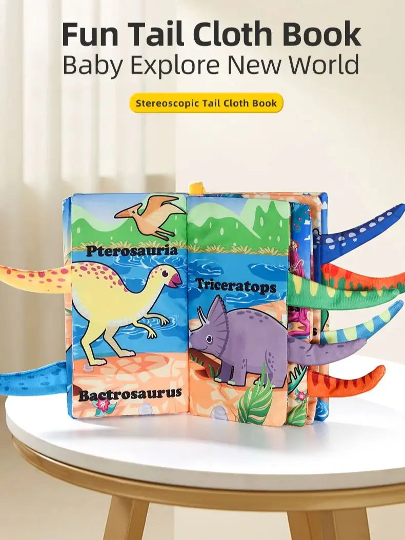 A colorful fabric book featuring dinosaurs like Pterosauria, Triceratops, and Bacrosaurus for baby exploration.