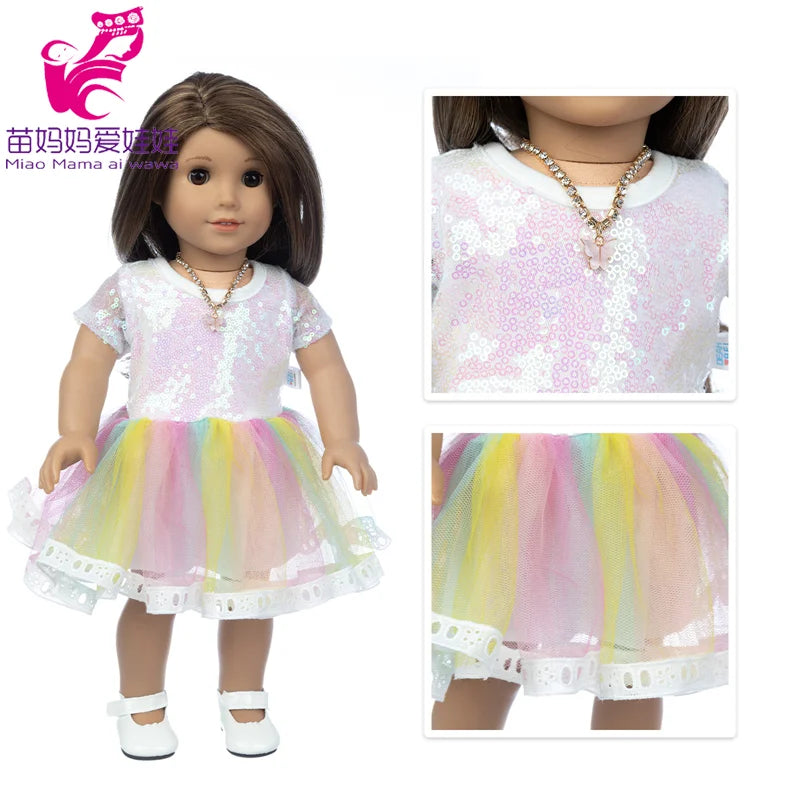 A doll wearing a pink and yellow outfit set consisting of a blouse, skirt, and tights.