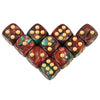 A set of ten 16mm acrylic poker dice with rounded corners in various colors and gold-colored dots.