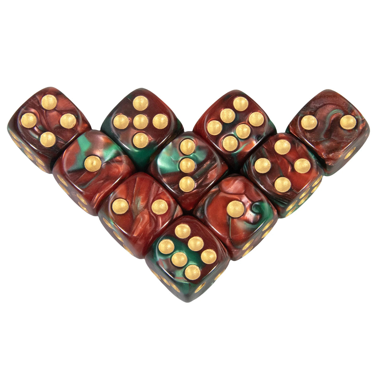 A set of ten 16mm acrylic poker dice with rounded corners in various colors and gold-colored dots.