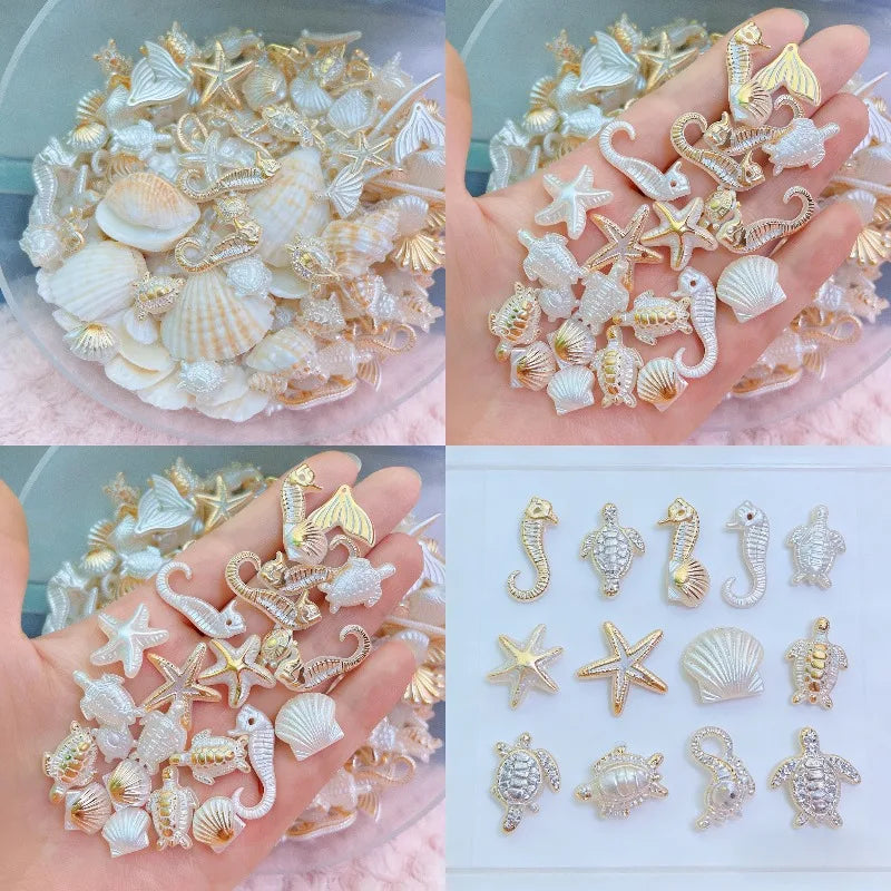 A collection of iridescent and pearl-colored acrylic beads shaped like various ocean animals for DIY jewelry making