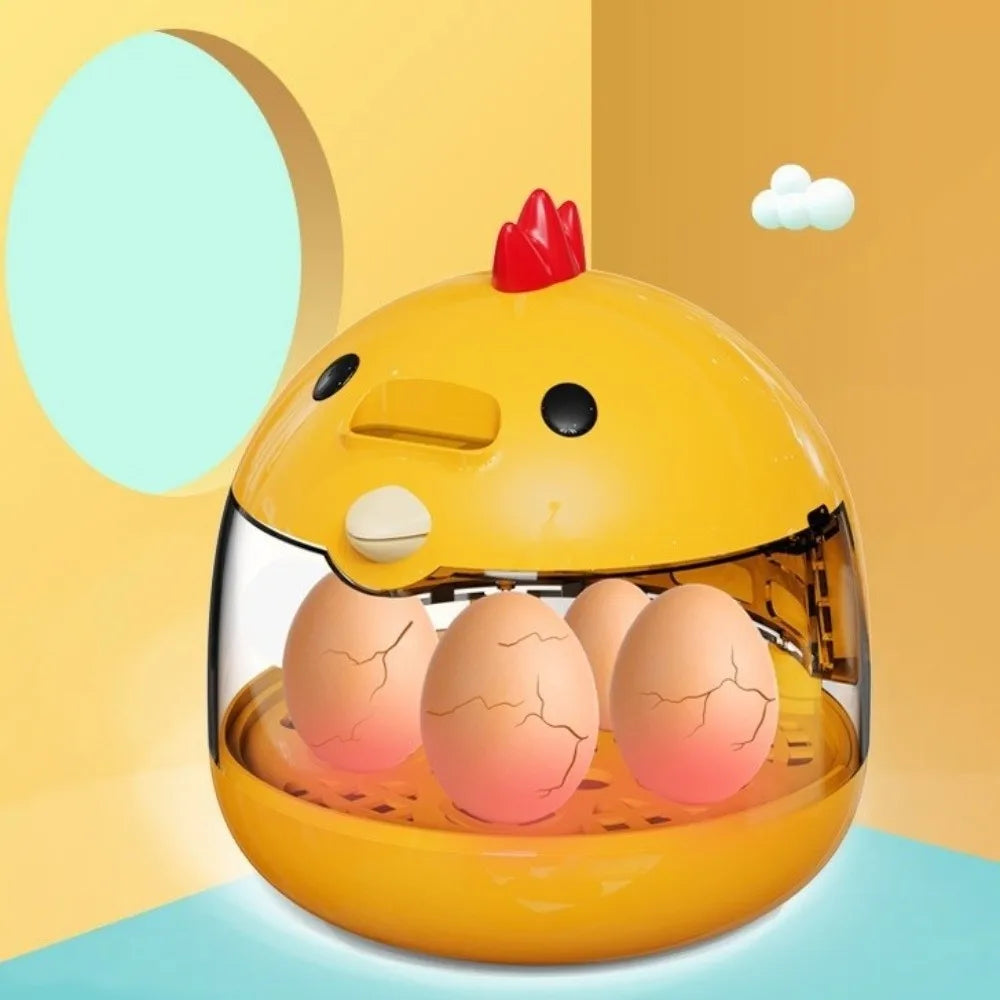 A yellow compact automatic egg incubator with a transparent window showing several brown eggs inside.