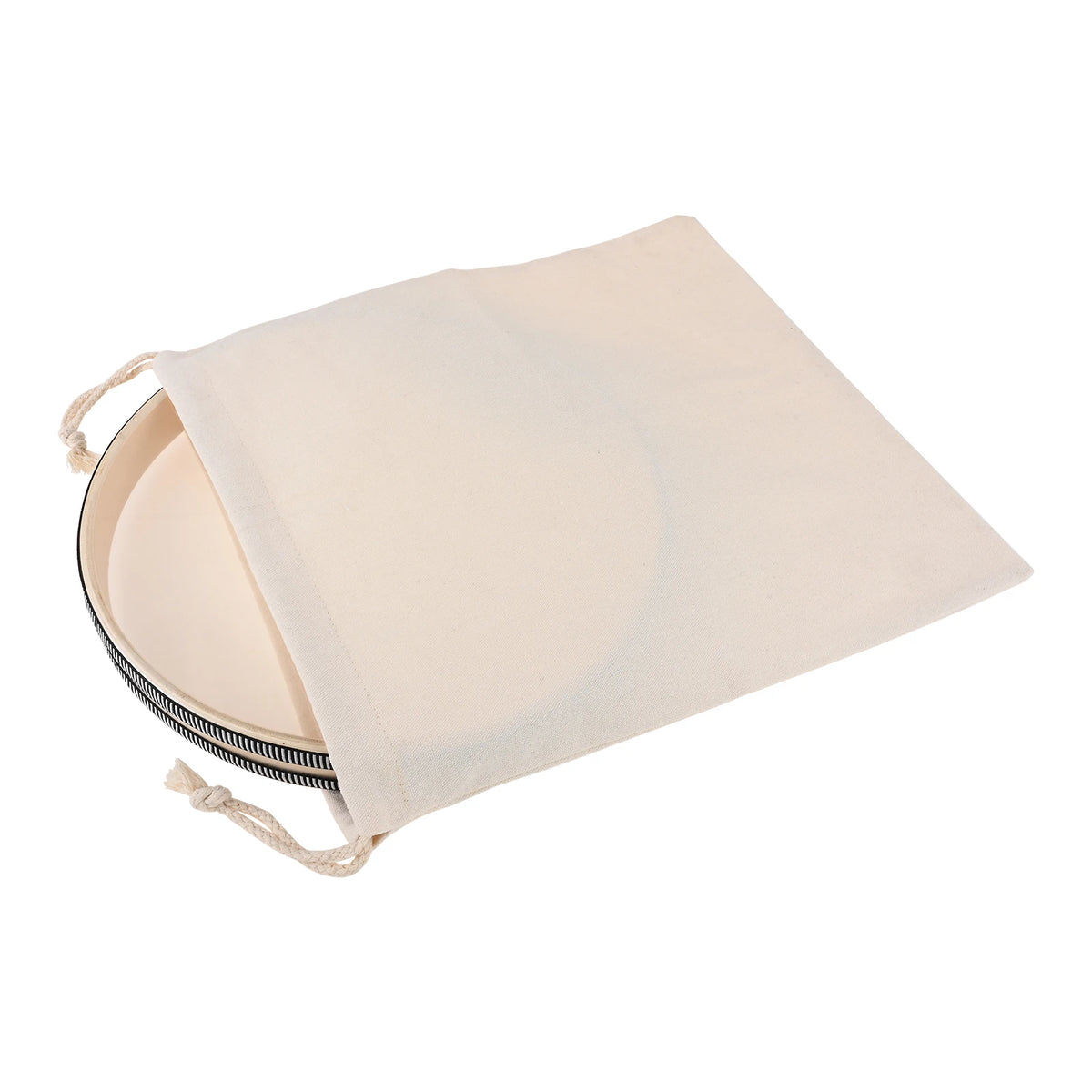 A light beige carry bag with a drawstring closure is shown alongside a 12-inch ocean drum with a hardwood shell.