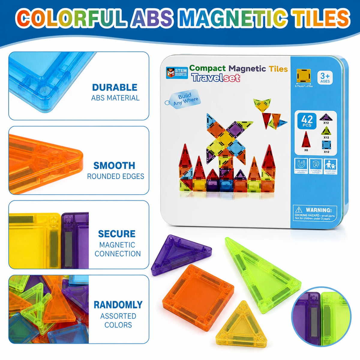 A set of colorful durable ABS magnetic tiles packaged in a compact travel box with various tile shapes and colors