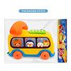 A yellow toy bus car with a phone and keyboard for toddlers, featuring cartoon characters.