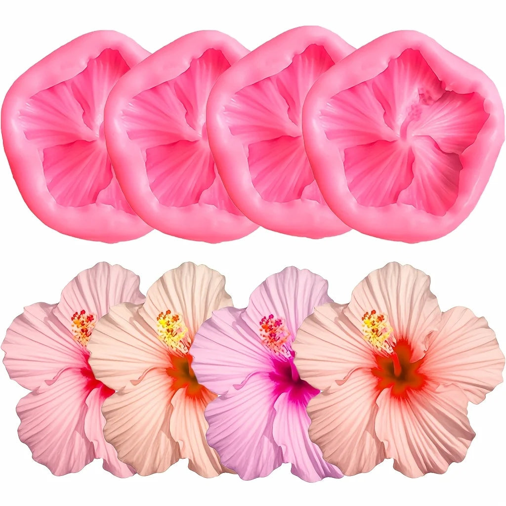 A set of pink hibiscus flower silicone molds for crafting.