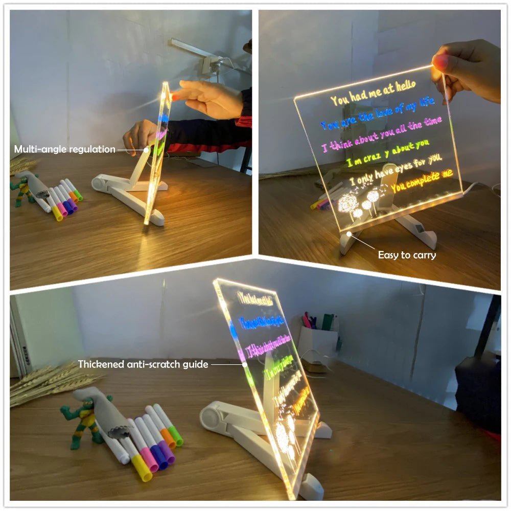 LED acrylic message board with seven colored pens used for writing messages.