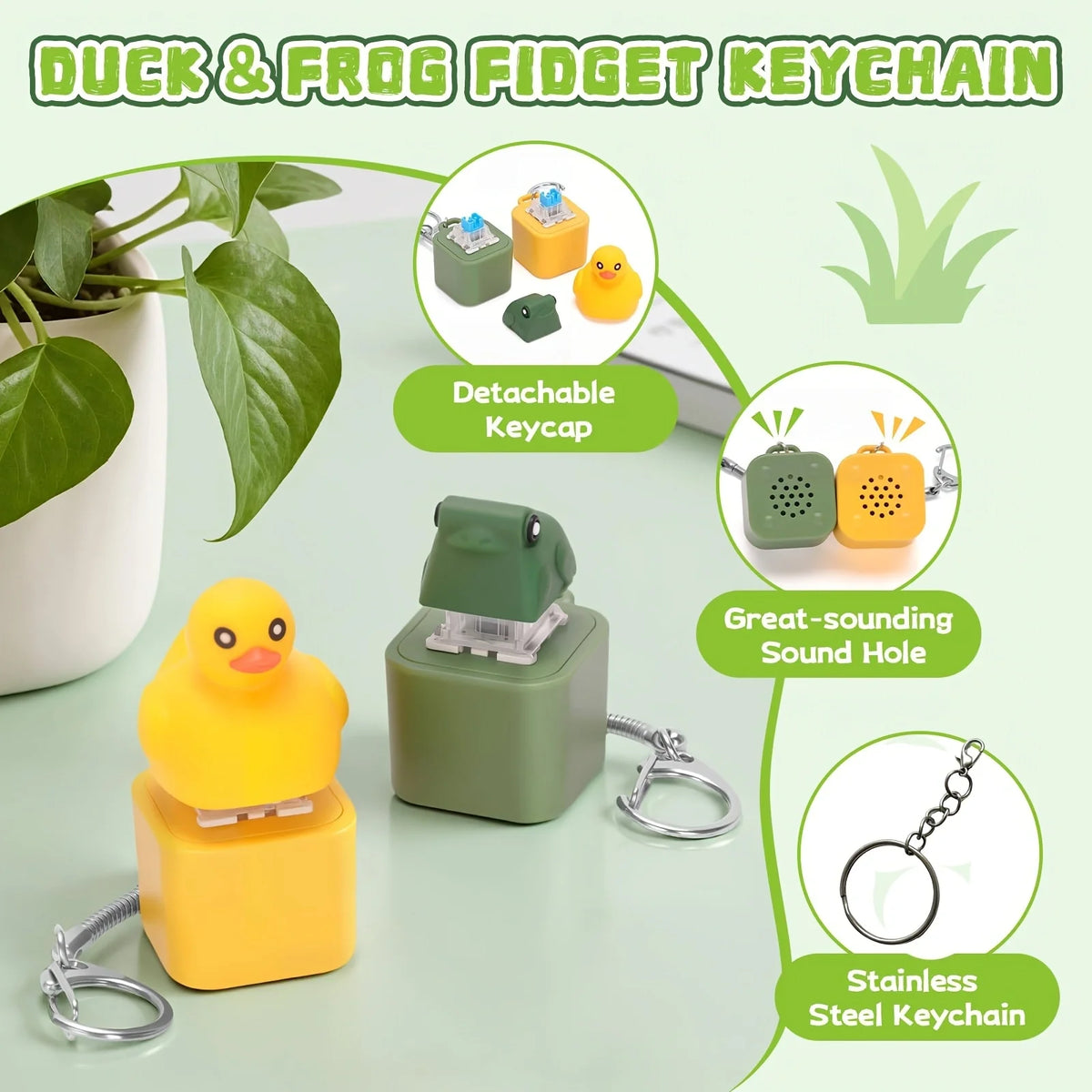 A set of duck and frog fidget keychains featuring a detachable keycap, great-sounding sound hole, and stainless steel keychai