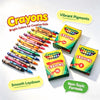 A collection of Crayola crayons in various colors and sizes, packaged with labels highlighting vibrant pigments and a smooth 