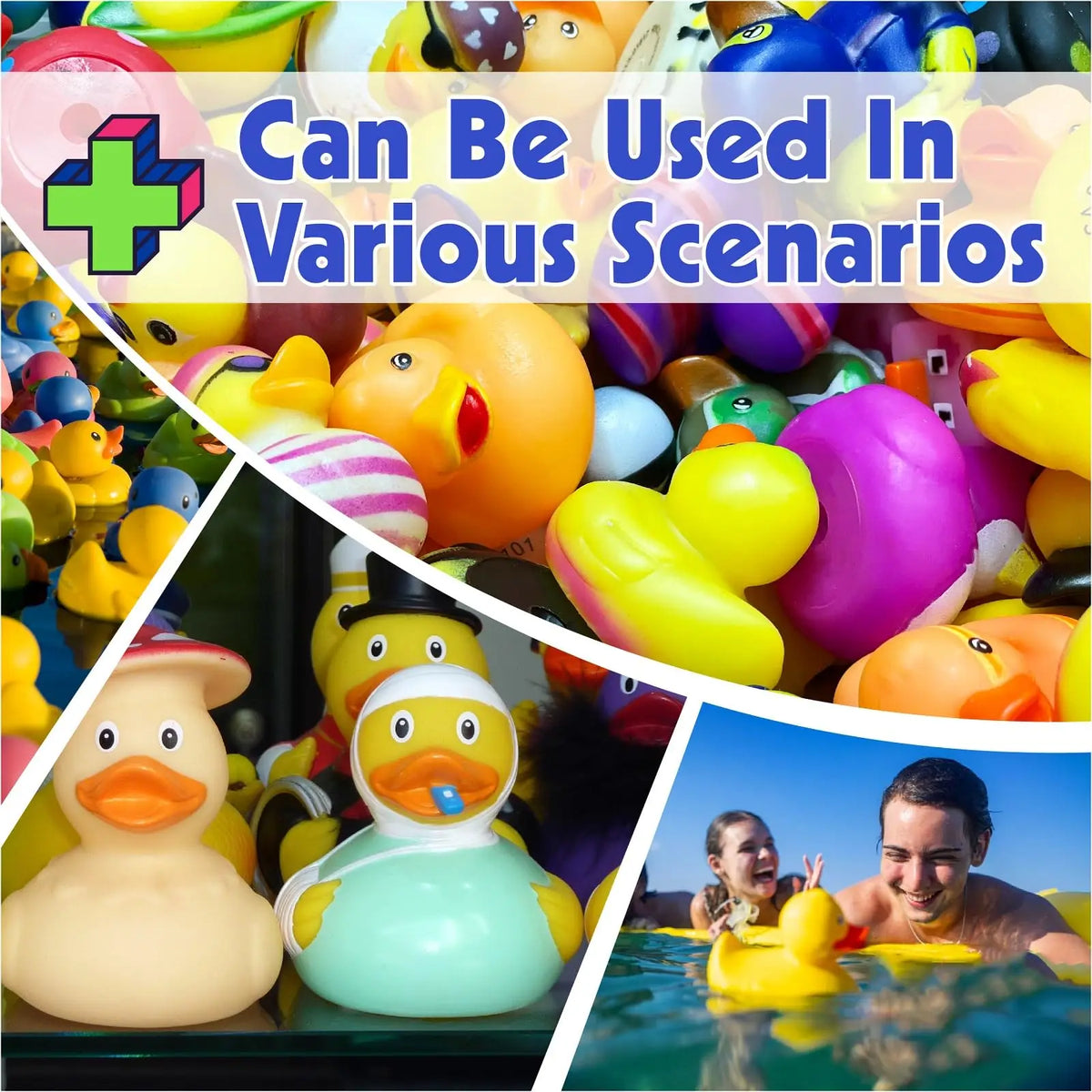 A close-up of a plastic rubber duck toy in yellow and orange colors, used as party favors.