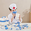 A child dressed as a doctor is using a toy stethoscope and medical tools for play.
