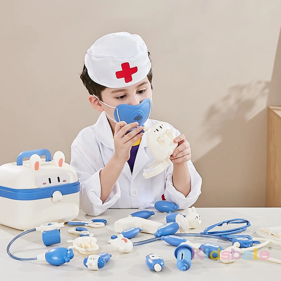 A child dressed as a doctor is using a toy stethoscope and medical tools for play.