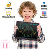 A smiling child holds a 11-inch LCD drawing tablet with a green dinosaur drawing on the screen.