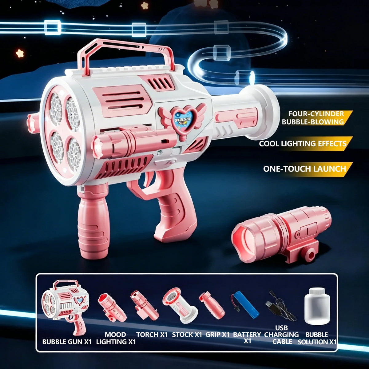 Pink four-cylinder bubble blaster toy gun with lights and a refill cartridge